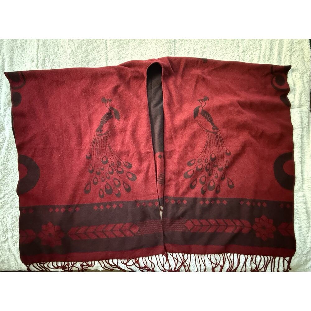 Senor Tyrone Pashmina Shawl with Fringe Red & Black Peacocks